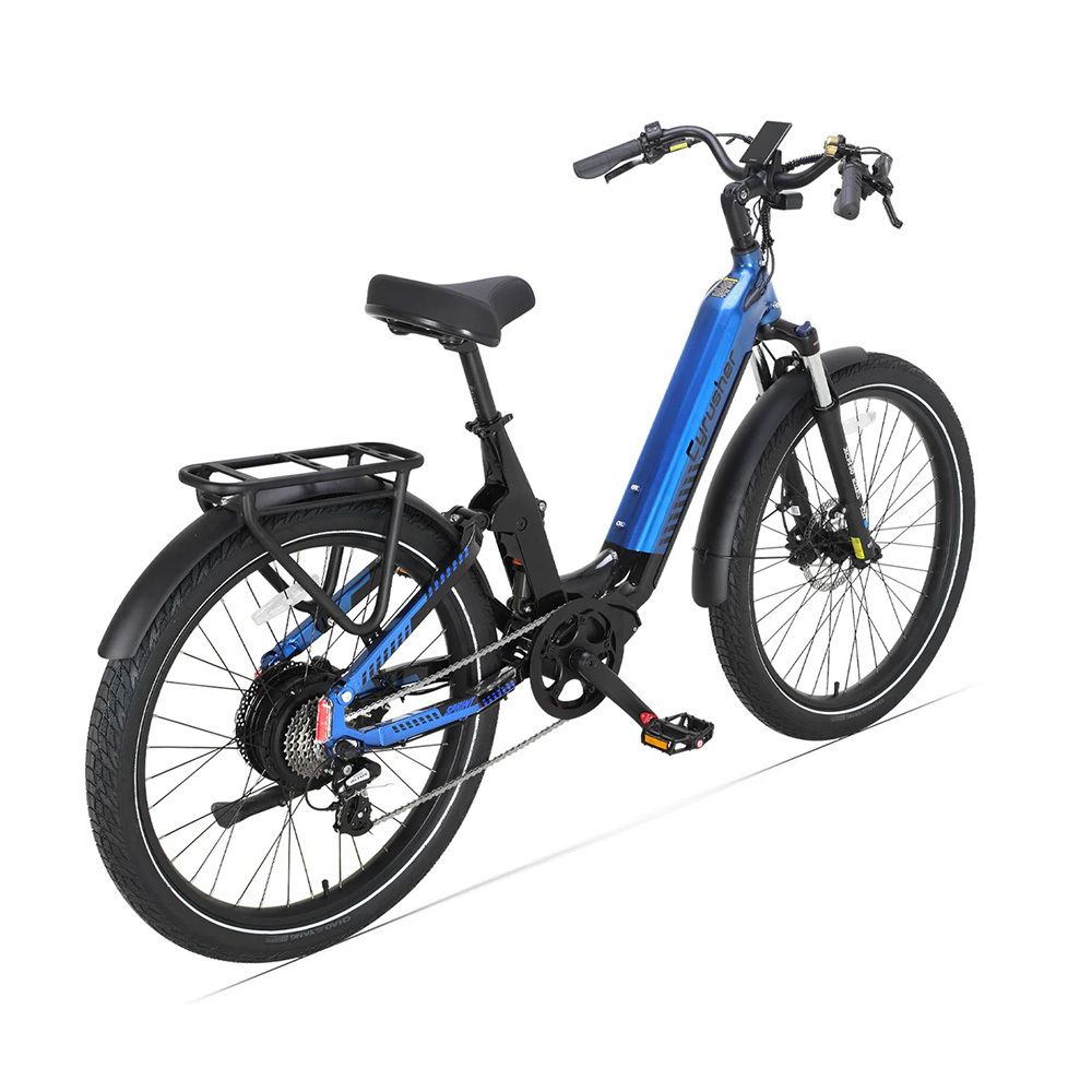 E-bike blu e nero. Portapacchi, 8 velocità. Cyrusher Sprint.