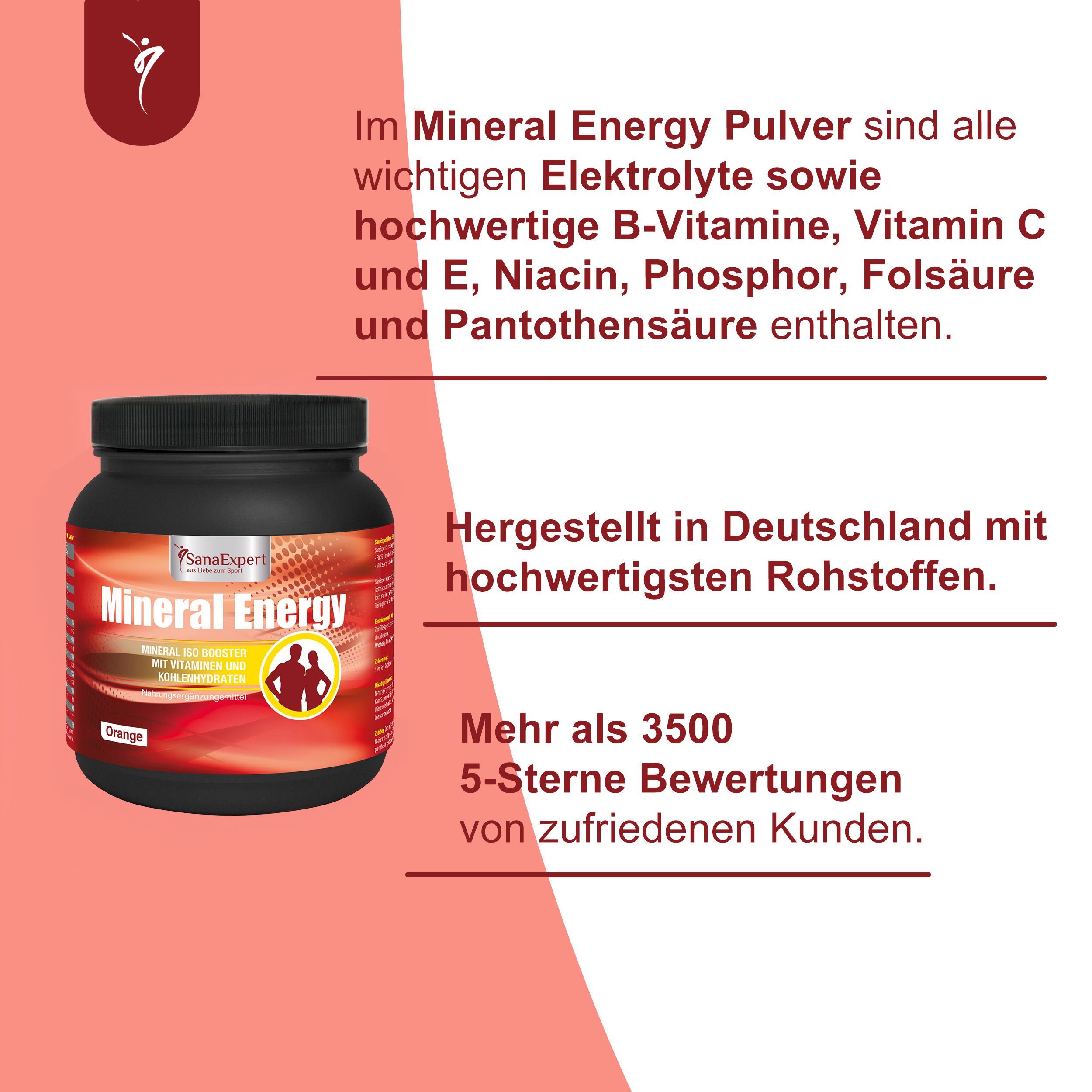 Contenitore nero SanaExpert Mineral Energy. Etichetta arancione con nome e logo del prodotto. Testo: Elettroliti, vitamine, minerali.