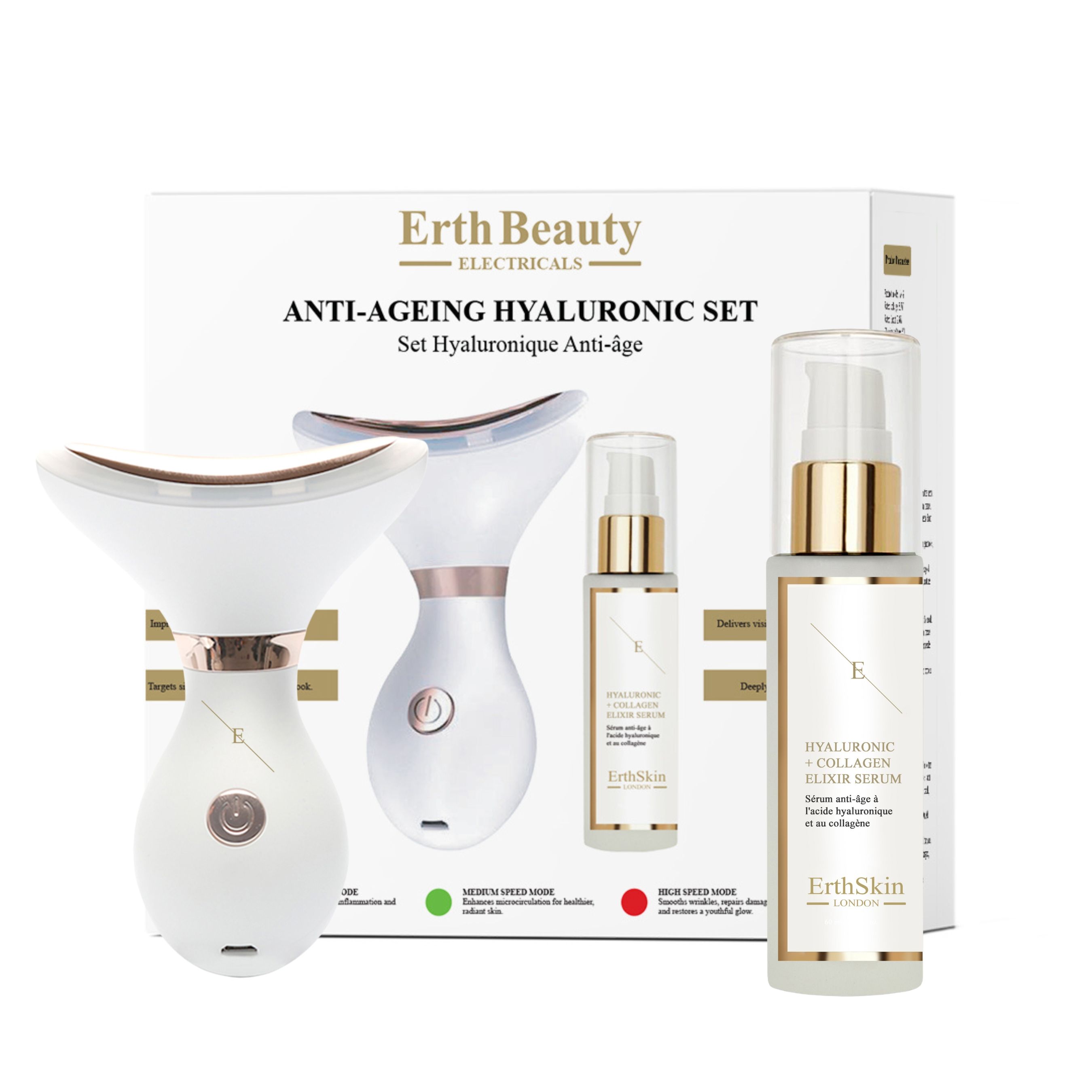 Set Erth Beauty Electricals. Dispositivo, flacone di siero e confezione. Testo: Anti-Ageing Hyaluronic Set.