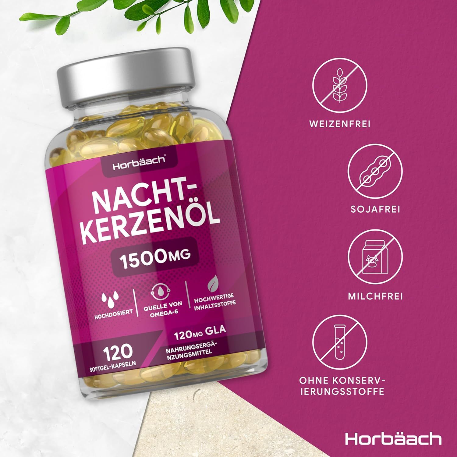 Flacone di capsule di olio di enotera Horbaach. 120 capsule, 1500mg. Simboli: senza grano, senza soia, senza latte.