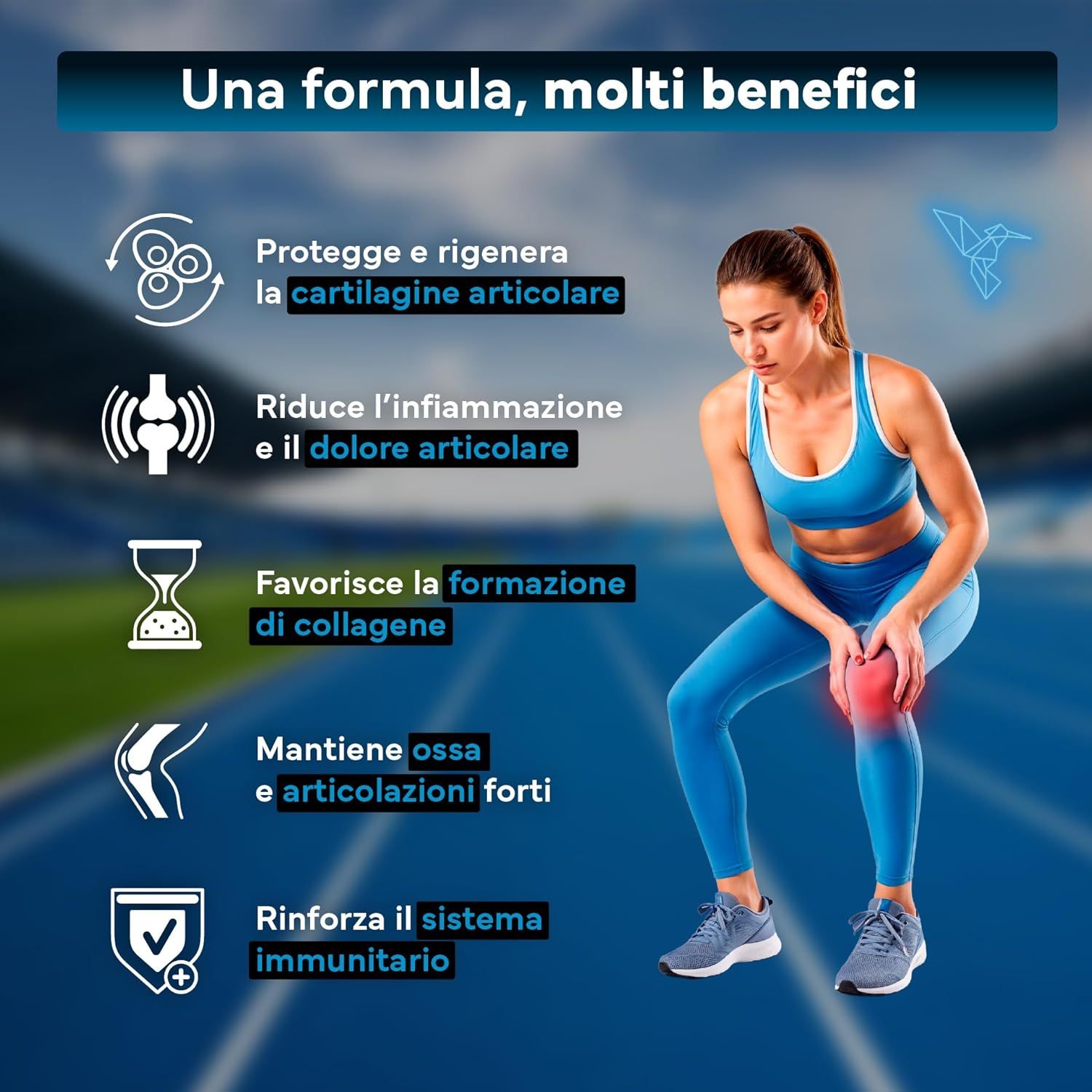 Donna in abbigliamento sportivo inginocchiata su una pista. A sinistra sono elencati i benefici del SEVENS NUTRITION Glucosamine Complex.
