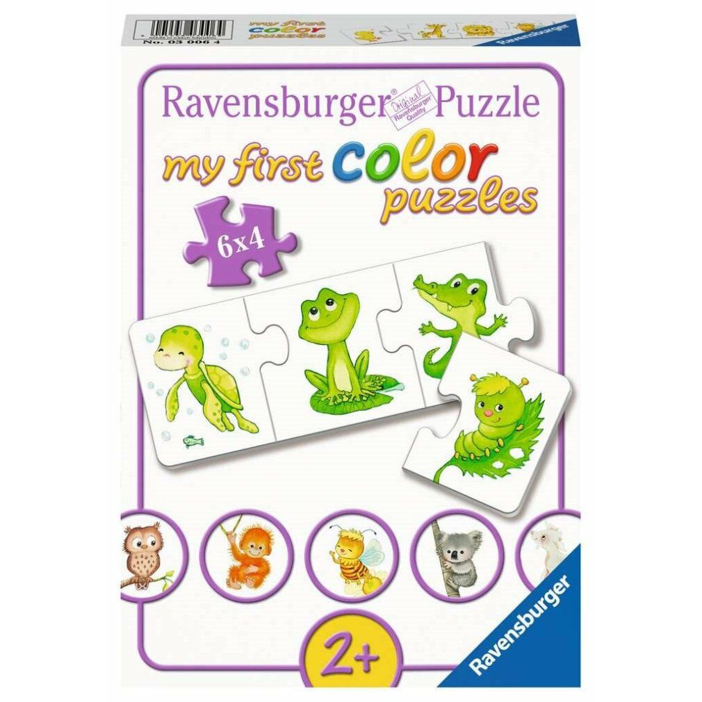 Puzzle Ravensburger, animali colorati 6x4 pezzi. Pezzi di puzzle con animali: pesce, volpe, scimmia, scoiattolo, gufo, orso, cerbiatto e riccio.
