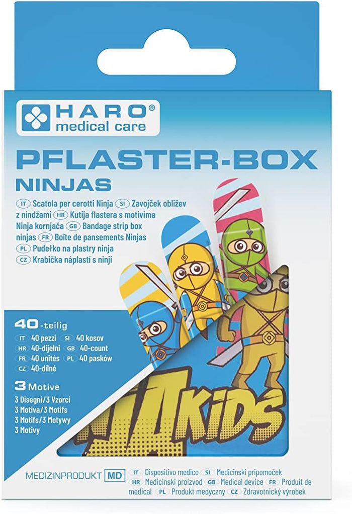 Scatola di cerotti Haro Ninjas. Confezione blu con cerotti. 40 pezzi, 3 motivi. Illustrazioni Ninjakids.