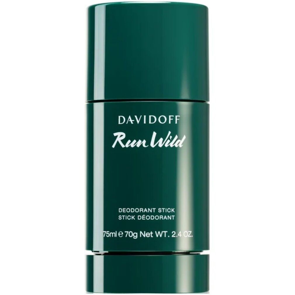 Stick deodorante verde. Scritta: Davidoff Run Wild, Deodorant Stick. 75ml e 70g Net Wt. 2.4 OZ.
