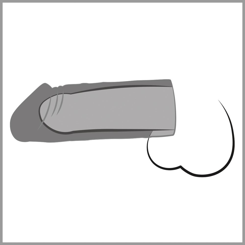 Rappresentazione schematica grigia di una guaina per pene. Forma e testicoli suggeriti.