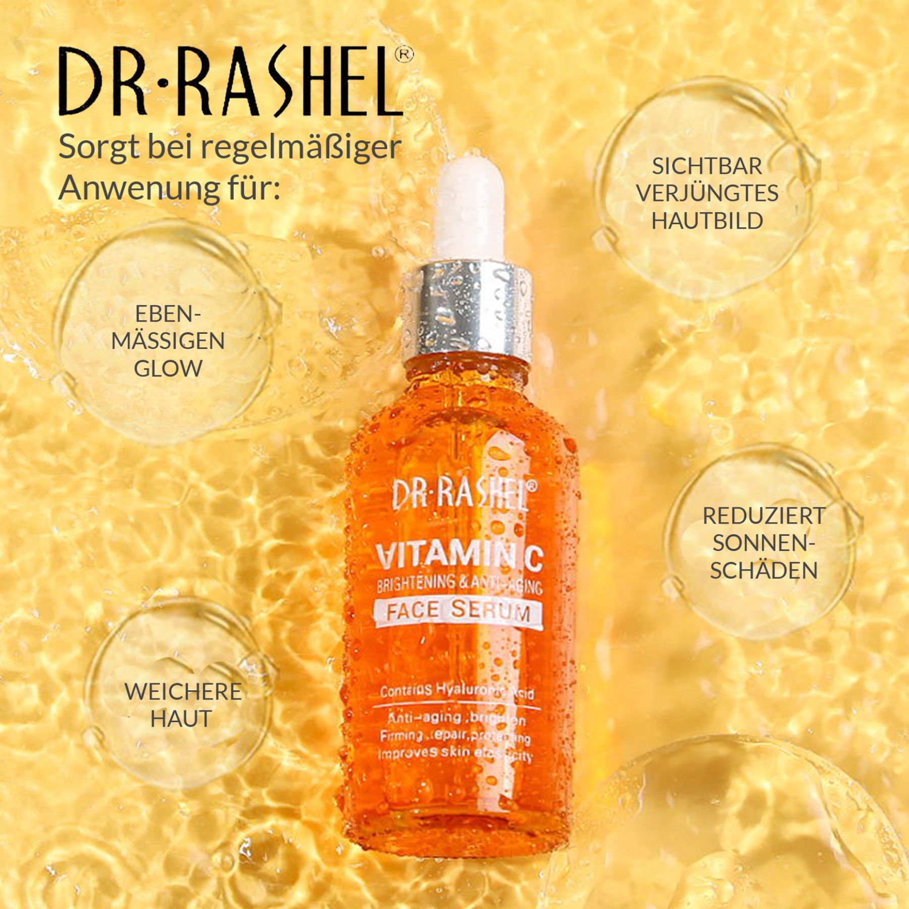 Flacone di siero DR. RASHEL alla vitamina C. Liquido arancione. Testo: Vitamin C, Brightening & Anti-Aging Face Serum. Sfondo con bolle d'acqua.