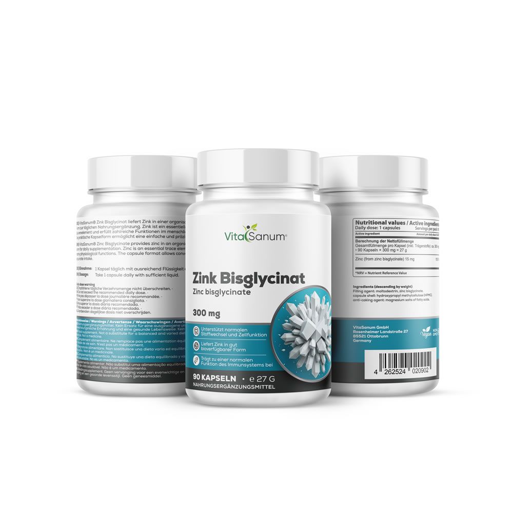 Tre contenitori VitaSanum Zinco Bisglicinato. Il contenitore anteriore mostra un'etichetta con Zinco Bisglicinato 300 mg, 90 capsule.