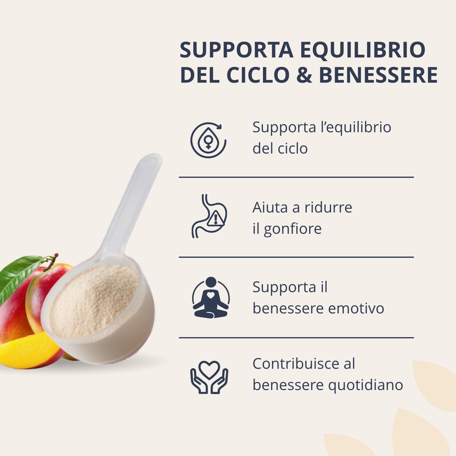 La polvere Golden Tree My Cycle Mango supporta l'equilibrio del ciclo e il benessere (Italiano).