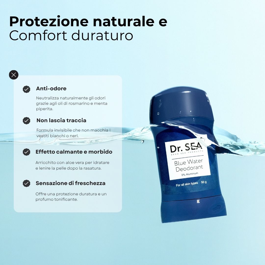 Stick deodorante blu nell'acqua. Testo: Protezione naturale e comfort duraturo. Anti-odore, non lascia tracce.