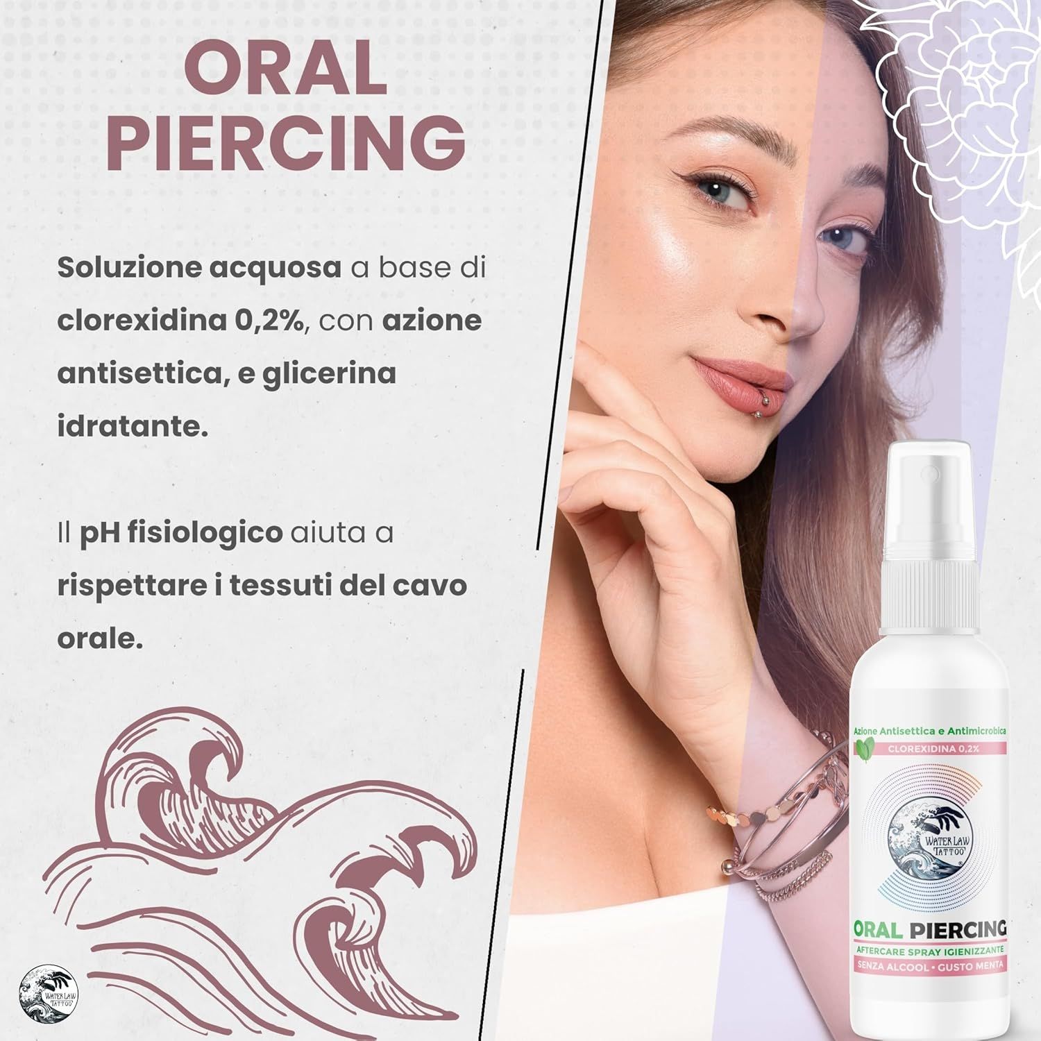 Flacone spray bianco "Oral Piercing" accanto a un viso con piercing. Testo sugli ingredienti.