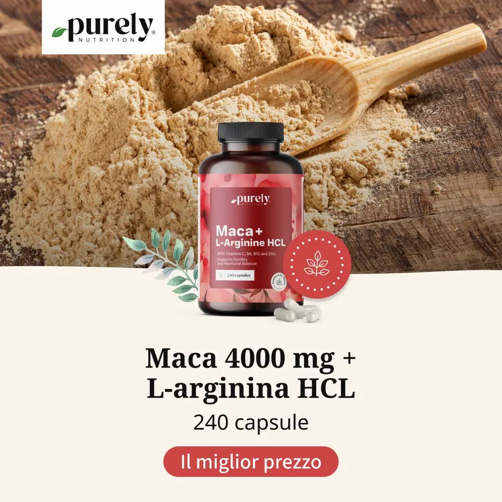 Bottiglia marrone con scritta: Maca 4000 mg + L-Arginina HCl, 240 capsule. Polvere di maca e cucchiaio di legno.