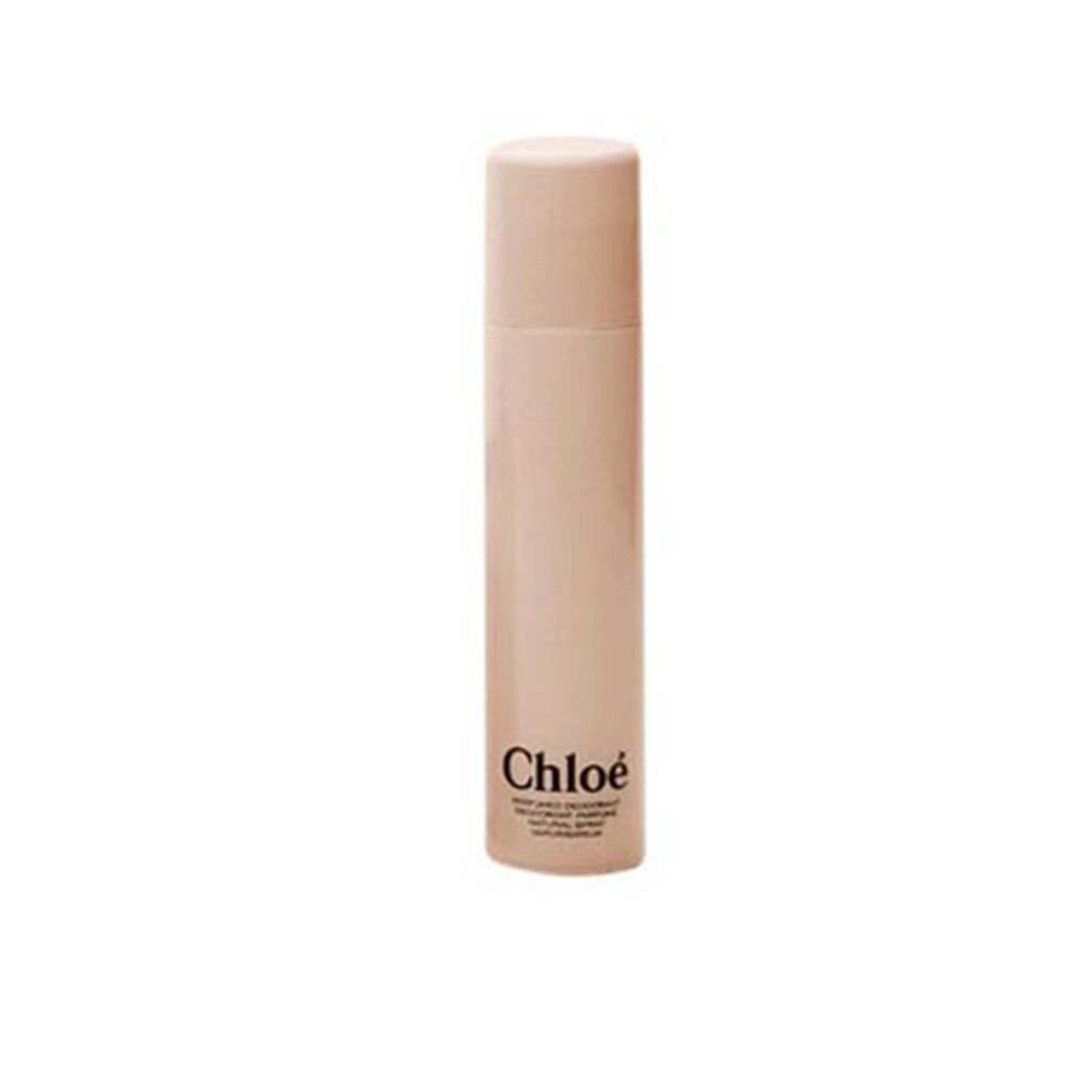 Spray deodorante rosa chiaro con logo Chloe nero. Il tappo è rosa chiaro.