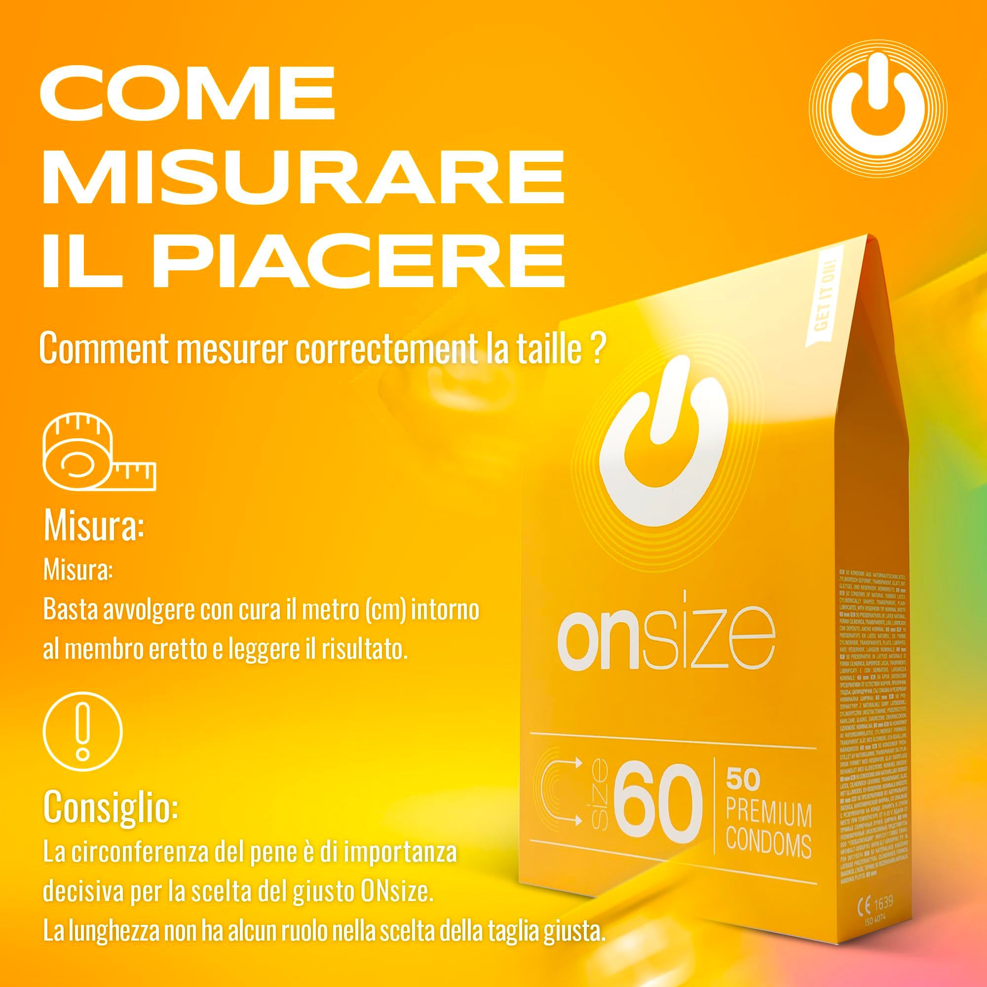Confezione ONsize 60mm, 50 preservativi premium. Testo: Come misurare il piacere.