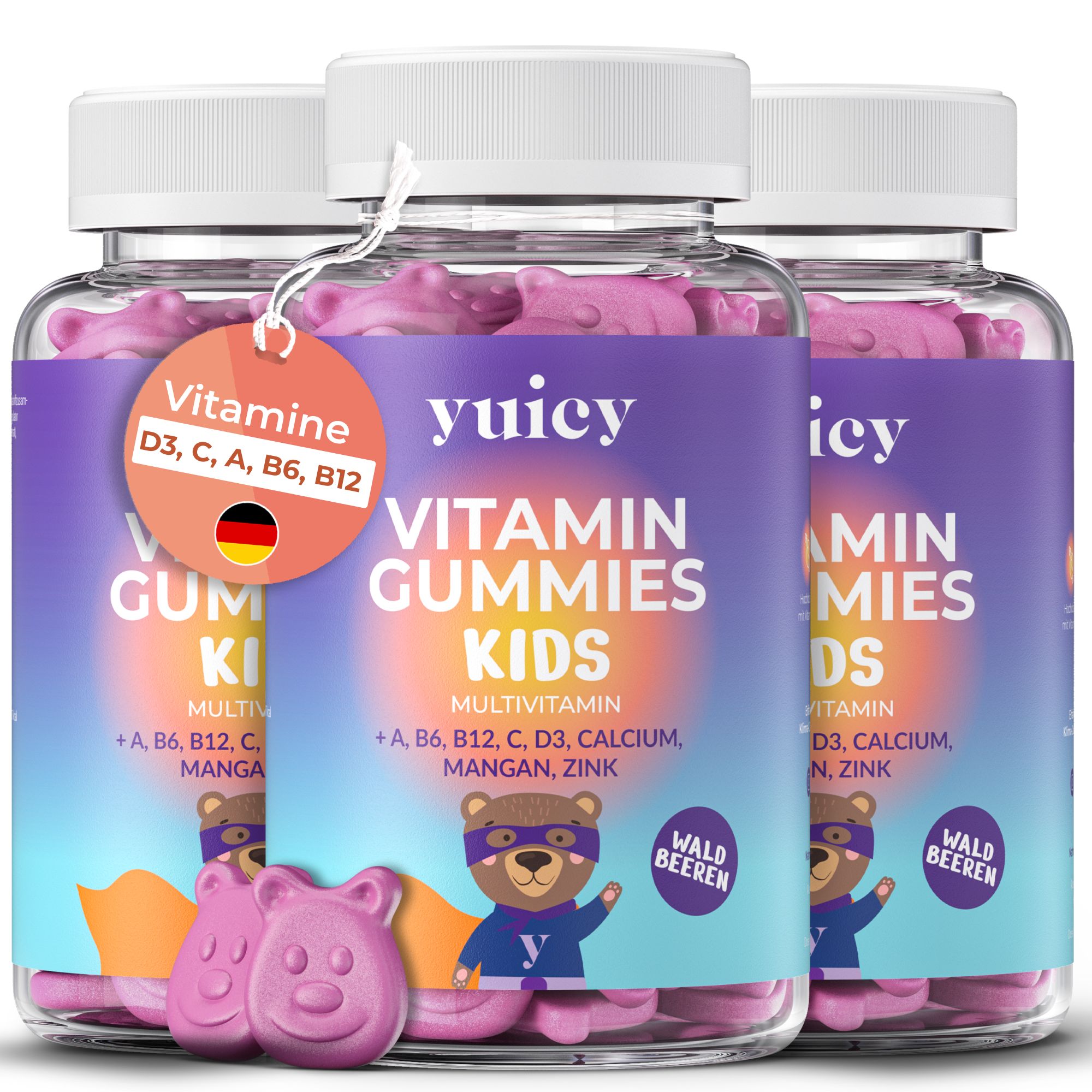 Tre bottiglie di yuicy® Vitamin Gummies Kids. Ogni bottiglia riporta "Vitamin Gummies Kids" e "Wald Beeren".
