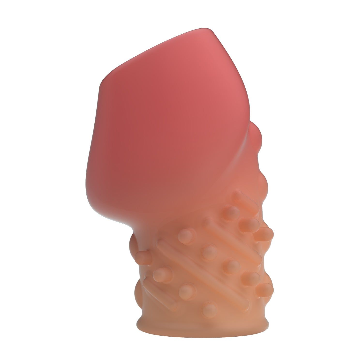 Prodotto cilindrico bicolore, rosa e beige. Superficie con borchie e protuberanze. Apertura superiore inclinata.