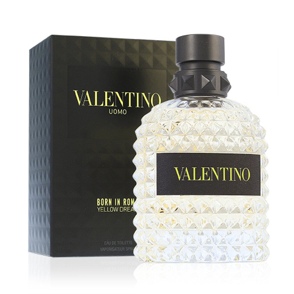 Flacone e confezione Valentino Uomo Born In Roma Yellow Dream. Confezione nera con scritta gialla. Flacone con motivo a borchie.