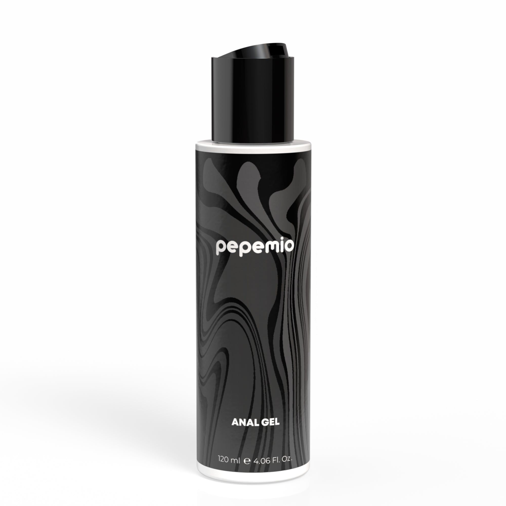 Flacone cilindrico con tappo nero. Scritta "pepemio" e "ANAL GEL". Motivo nero. Testo bianco su sfondo nero.