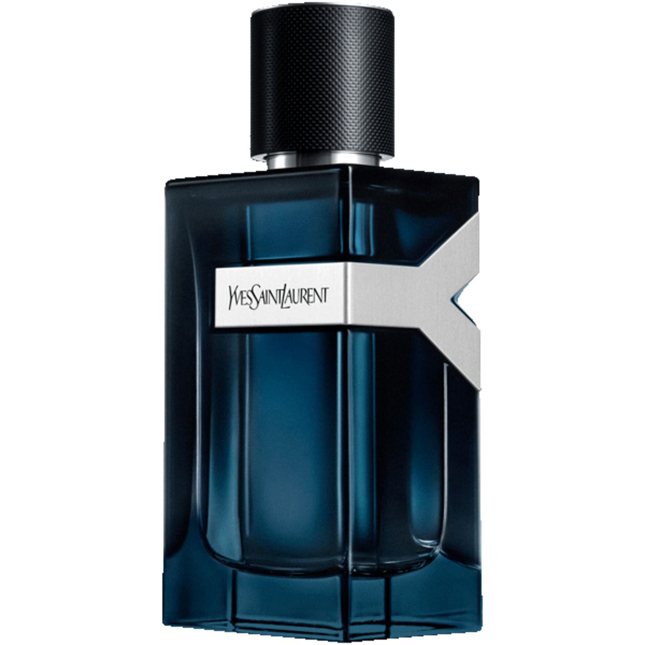 Flacone blu con tappo nero. Applicazione a Y argentata e scritta Yves Saint Laurent.