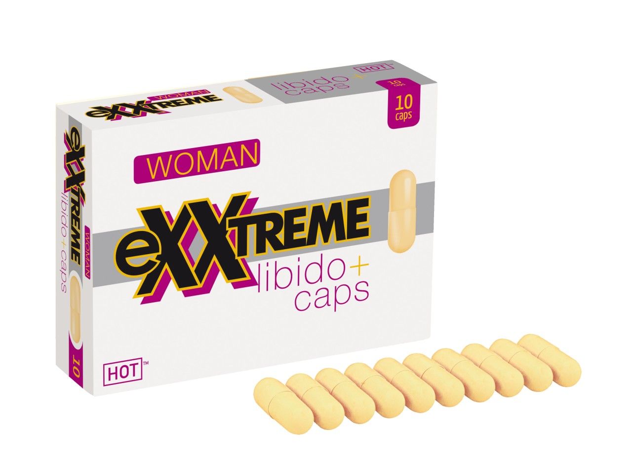 Confezione e 10 capsule eXXtreme Libido+ per donne, con alcune capsule accanto.
