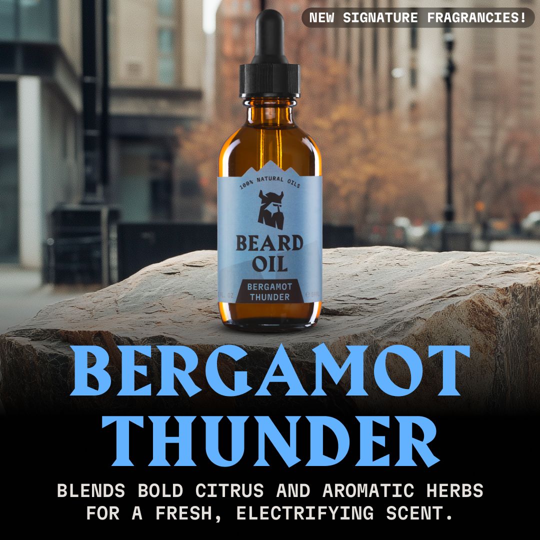 Flacone di olio da barba 'Bergamot Thunder' con contagocce, limone e fiore, sfondo urbano.
