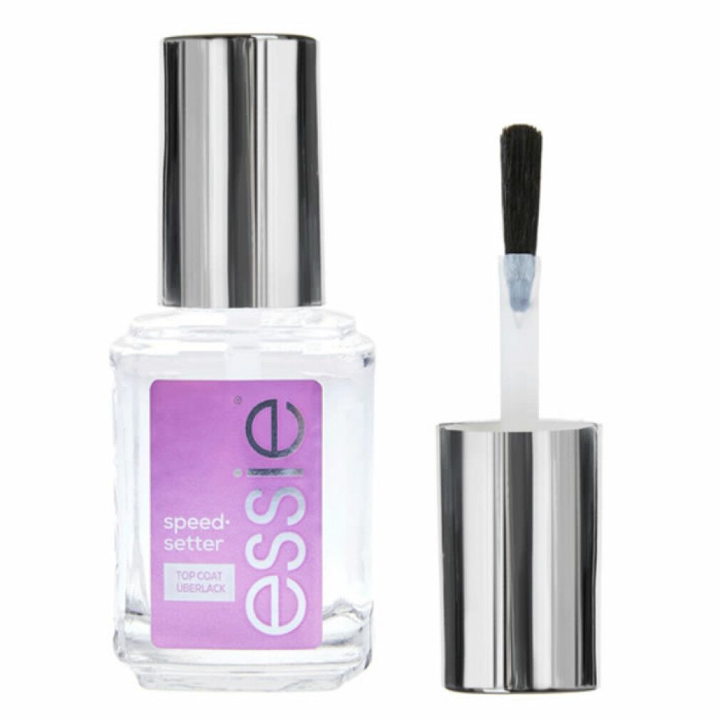 Essie Speed-Setter Top Coat. Flacone con tappo argentato e pennello. Etichetta viola con nome del prodotto. Pennello accanto.