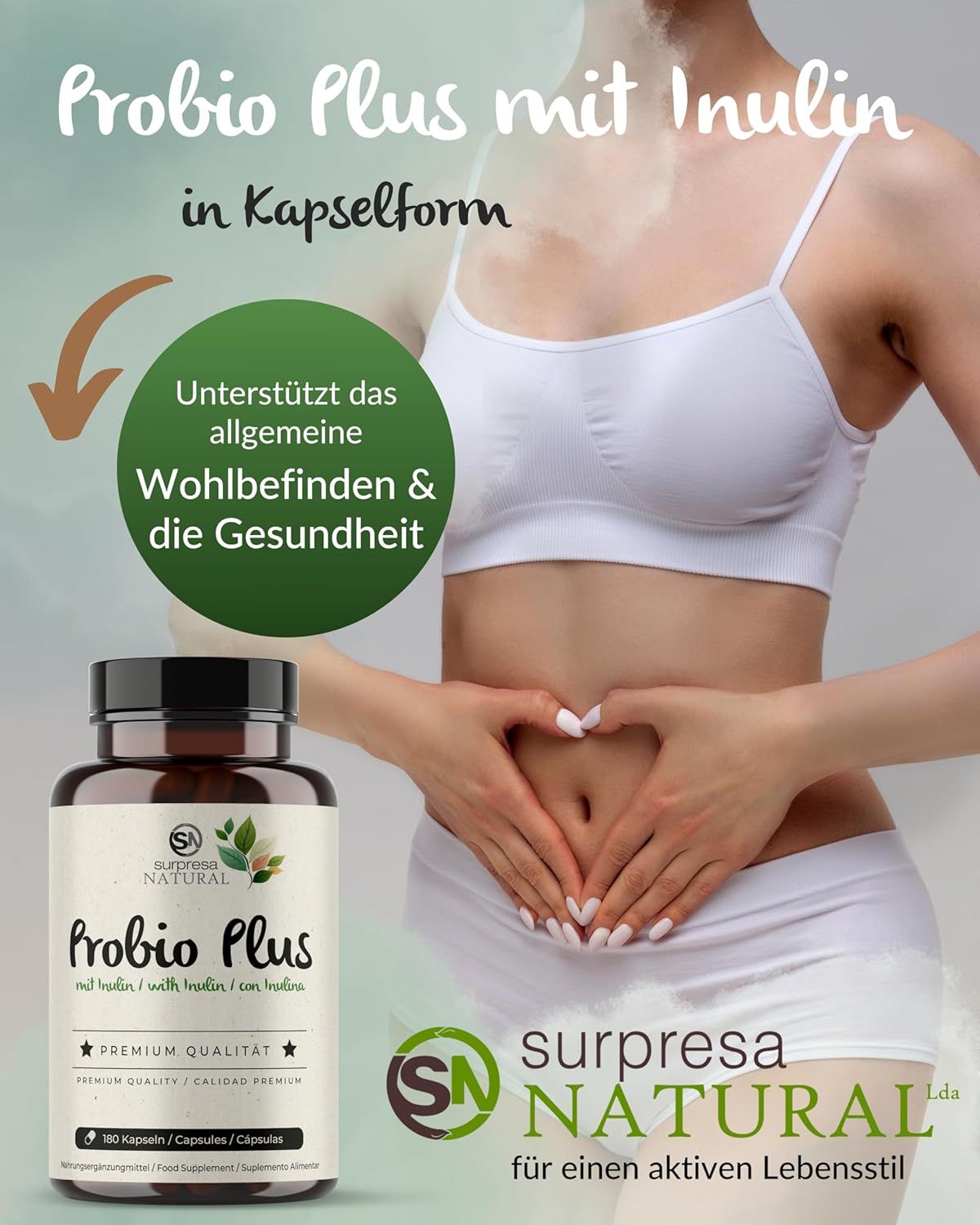 Donna con pancia, flacone Surpresa Natural Probio Plus, 180 capsule, per uno stile di vita attivo.