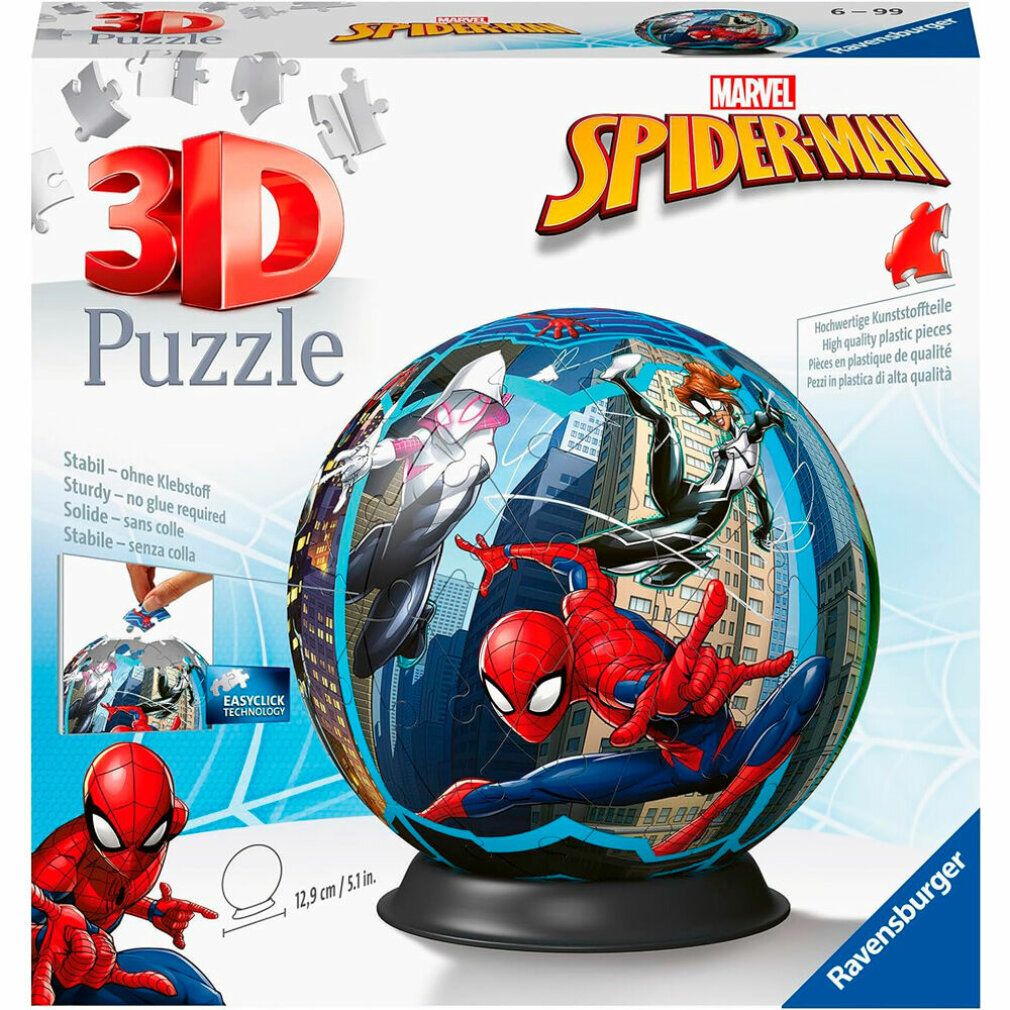 Puzzle 3D-Ball Spiderman. Puzzle sferico con Spiderman. Confezione con immagine del prodotto e logo. Dimensioni: 12,9 cm.