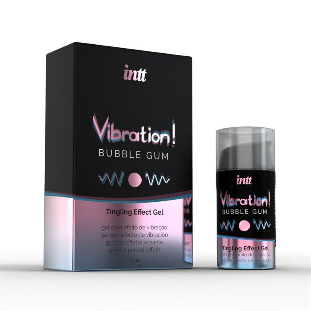 Prodotto e confezione. Scritta INTT Vibration! Bubble Gum. Tingling Effect Gel. Scatola nera e prodotto cilindrico.