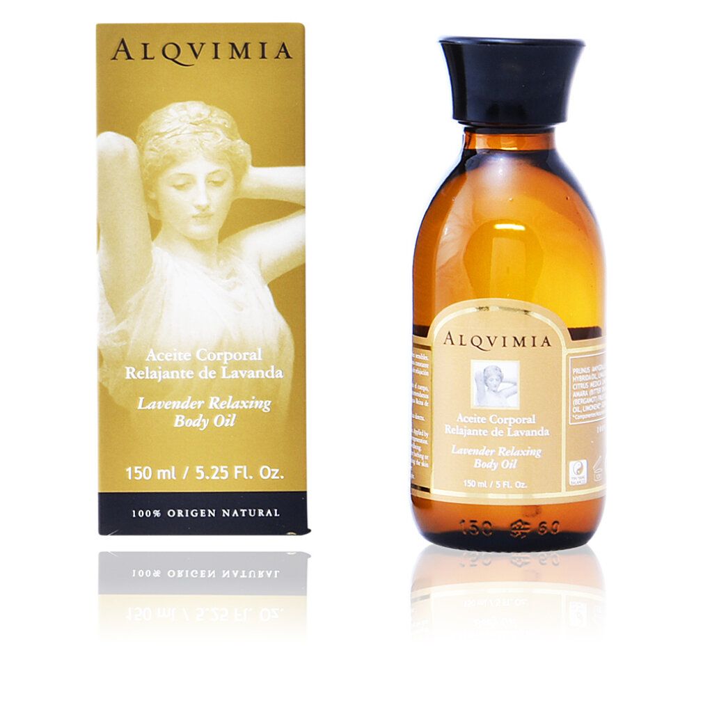 Flacone in vetro marrone e scatola. Scritta: Alqvimia, Aceite Corporal Relajante de Lavanda, Lavender Relaxing Body Oil. 150 ml / 5.25 Fl. Oz.