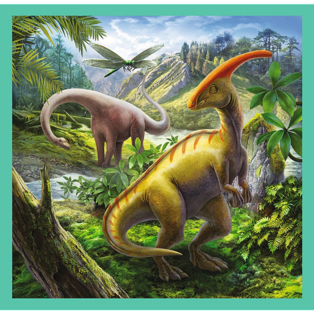 Puzzle con un dinosauro in un paesaggio. Mostra un Parasaurolophus e una libellula.