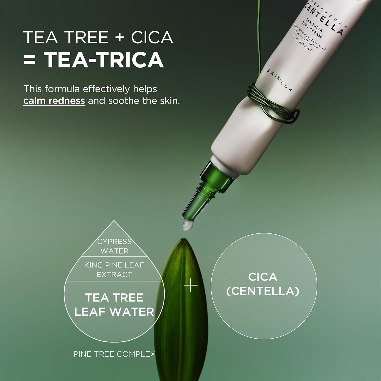 Tubo con tappo verde. Rappresentazione a goccia degli ingredienti: acqua di cipresso, estratto di foglie di pino, acqua di foglie di tea tree.