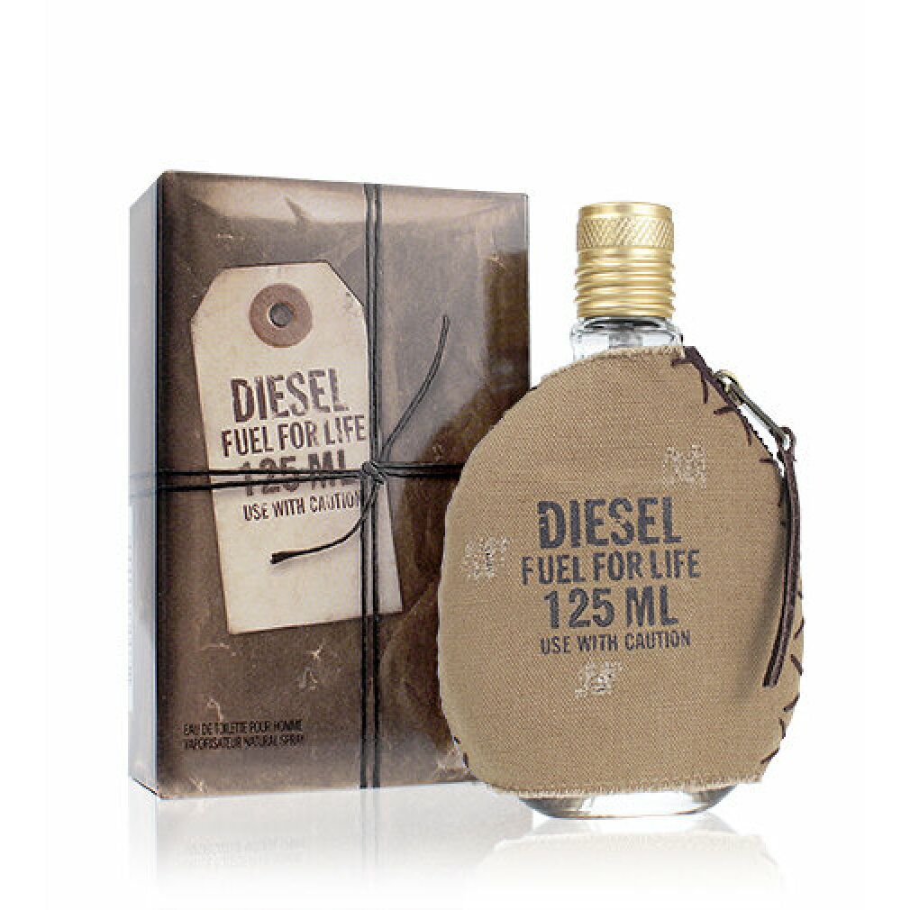 Flacone di profumo con custodia marrone e scatola. Scritta: DIESEL FUEL FOR LIFE 125 ML. Usare con cautela.