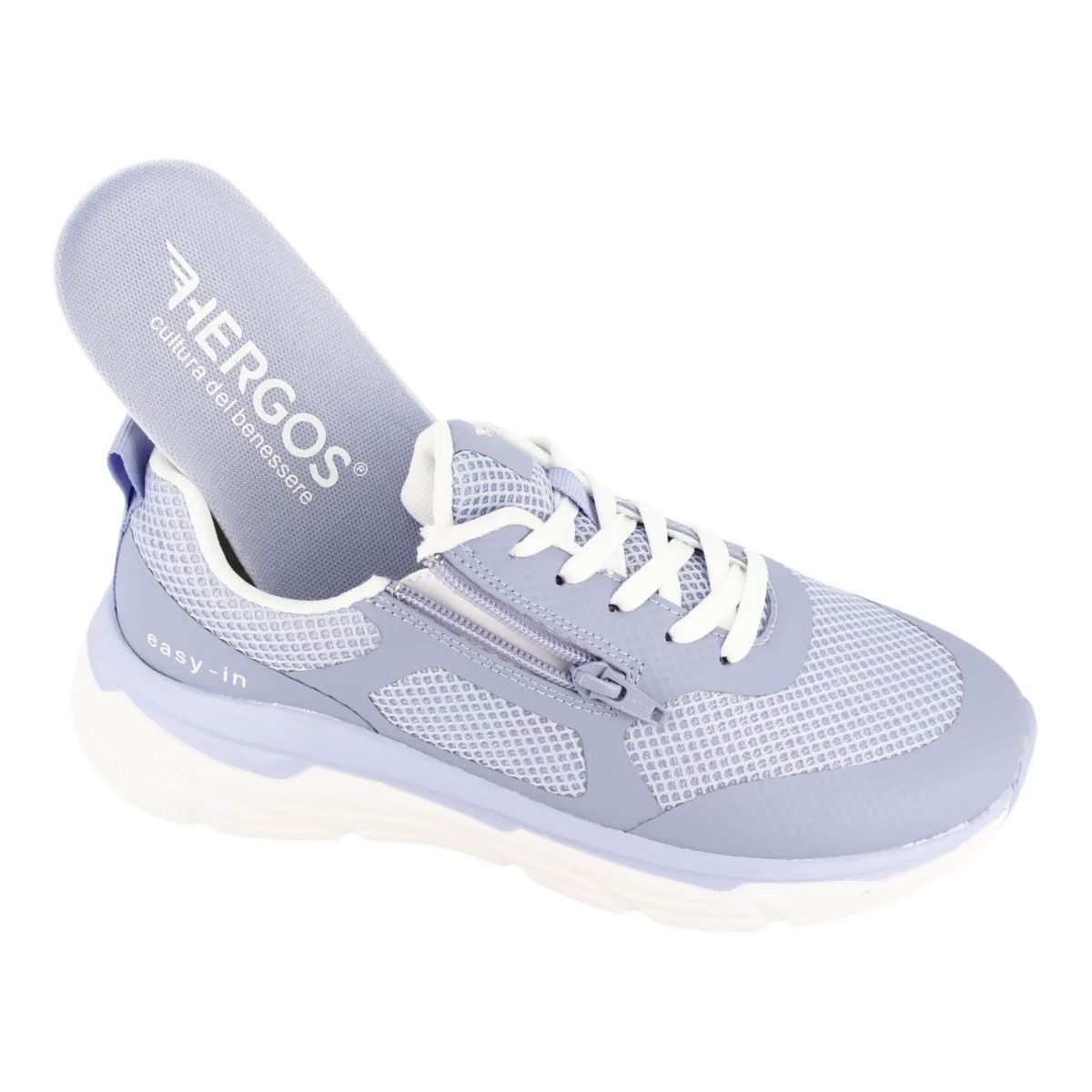 Sneakers azzurre con soletta estraibile. Tomaia in mesh, suola bianca. Marchio HERGOS.