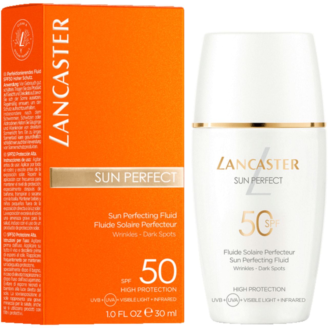 Prodotto e confezione. Scatola arancione e flacone bianco. Scritta: Lancaster Sun Perfect 50 SPF. Testo: Fluide Solaire Perfecteur.