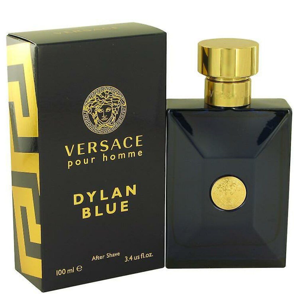 Scatola nera e flacone blu. Tappo dorato e logo Medusa. Scritta: VERSACE POUR HOMME DYLAN BLUE After Shave.