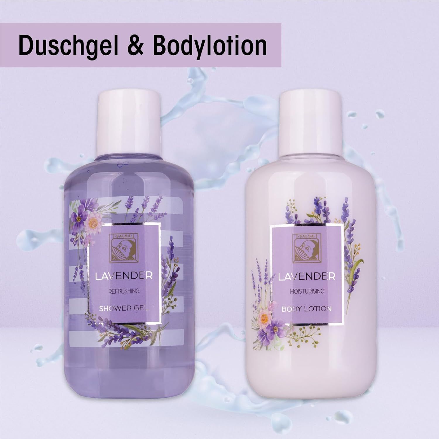 Gel doccia e lozione per il corpo in bottiglie. Design lavanda con fiori. Tappi bianchi.