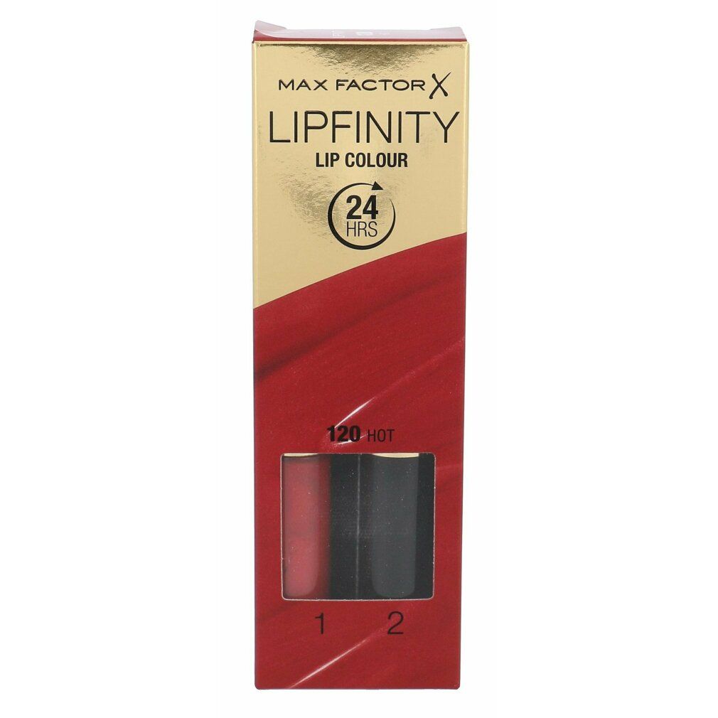 Confezione Max Factor Lipfinity Lip Colour 120 Hot. Contiene due prodotti per labbra. Design oro e rosso con nome del prodotto.