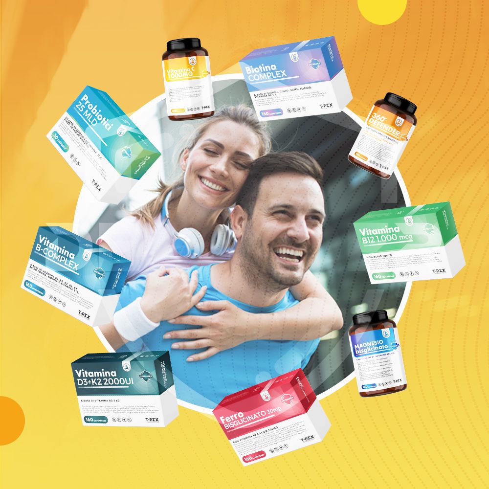 Coppia circondata da integratori vitaminici e minerali. Vari prodotti, tra cui vitamina C, B-complex, D3-K2.