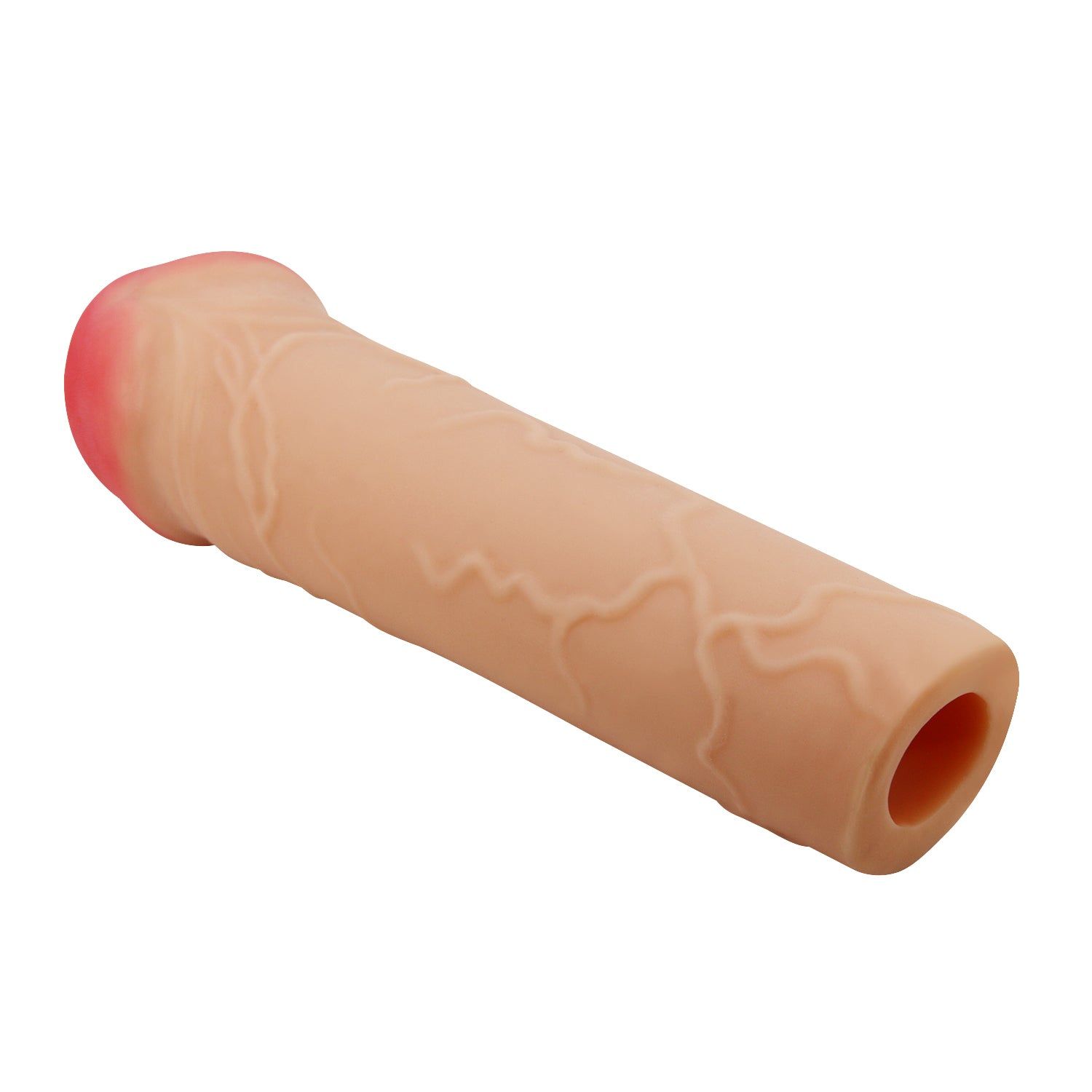 Prolunga pene con punta rossa. Superficie beige venata. Su sfondo bianco.