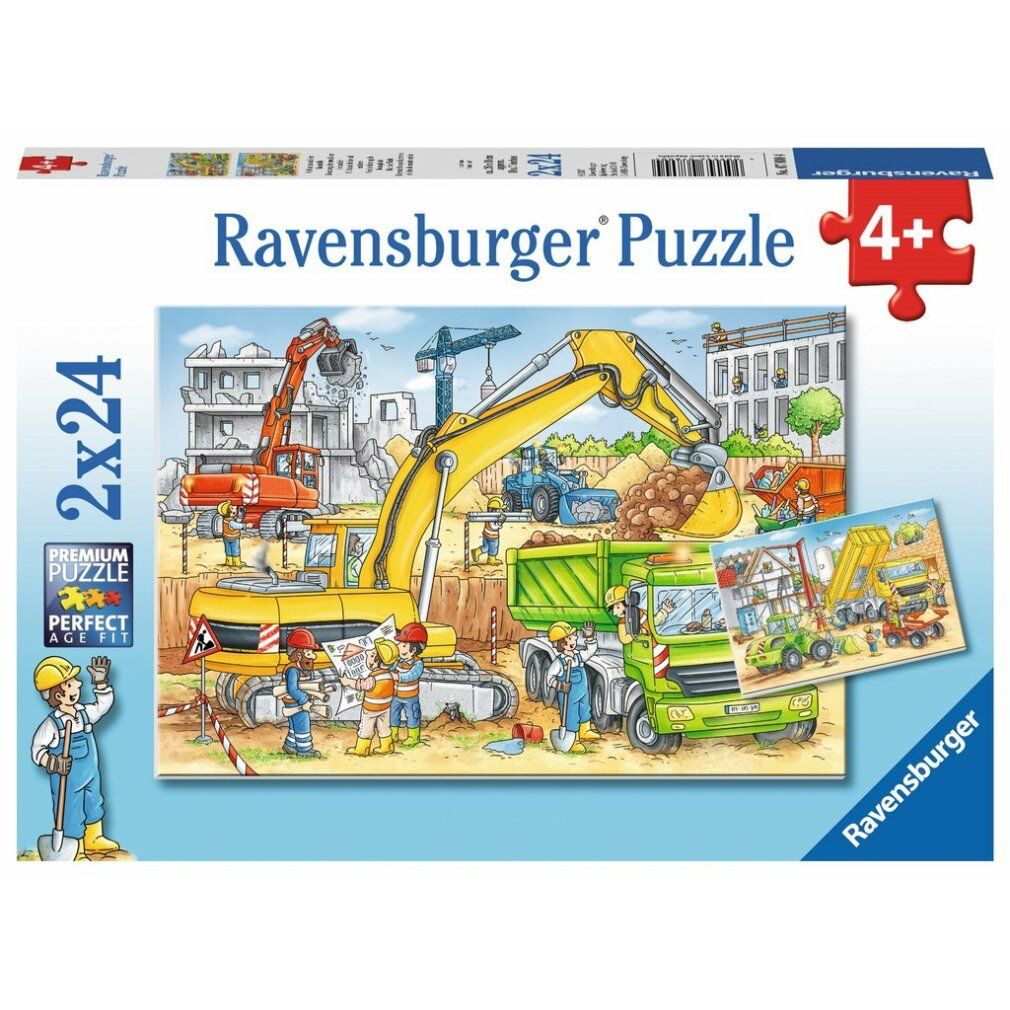 Scatola puzzle con due puzzle. Tema cantiere con escavatori, camion e operai. Ravensburger Puzzle, 2x24 pezzi, dai 4 anni.