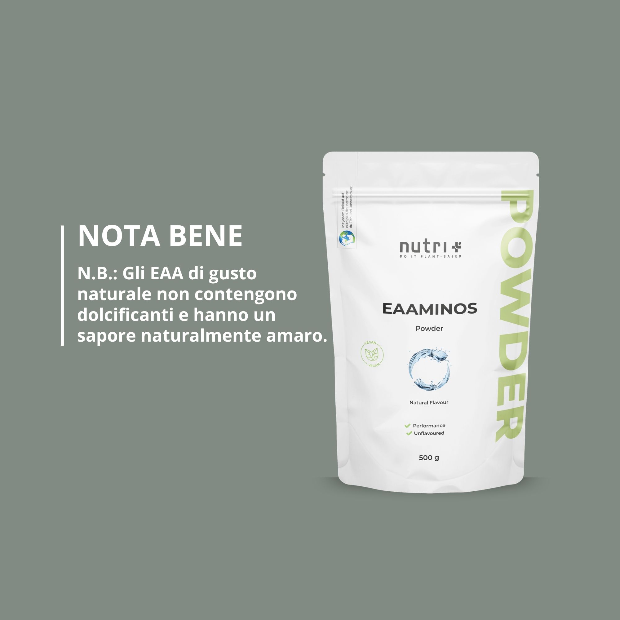 Busta 'EAAAMINOS'. Testo: 'Gli EAA Natural non contengono dolcificanti.' 500g.