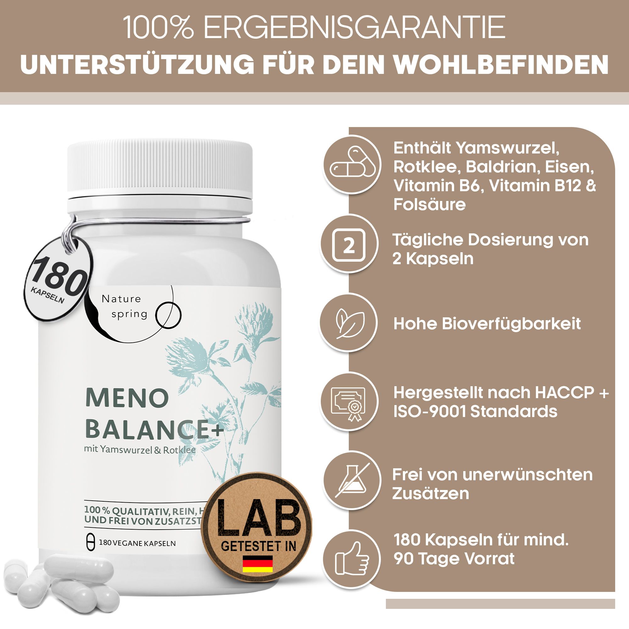 Capsule bianche e flacone "Meno Balance+" con etichetta "180 capsule". Contiene igname, trifoglio rosso, valeriana, ferro, vitamina B6, B12 e acido folico.