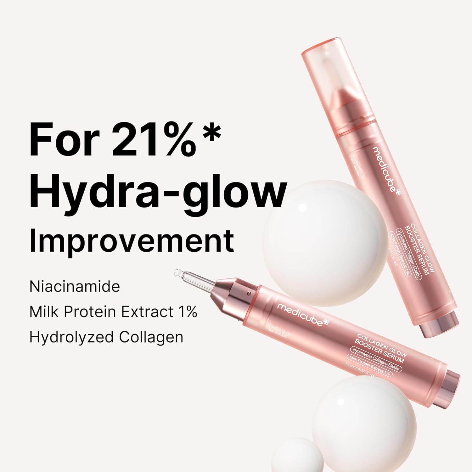 Due flaconi di siero rosa e sfere bianche. Testo: For 21%* Hydra-glow Improvement. Ingredienti: Niacinamide, Milk Protein Extract 1%, Hydrolyzed Collagen.