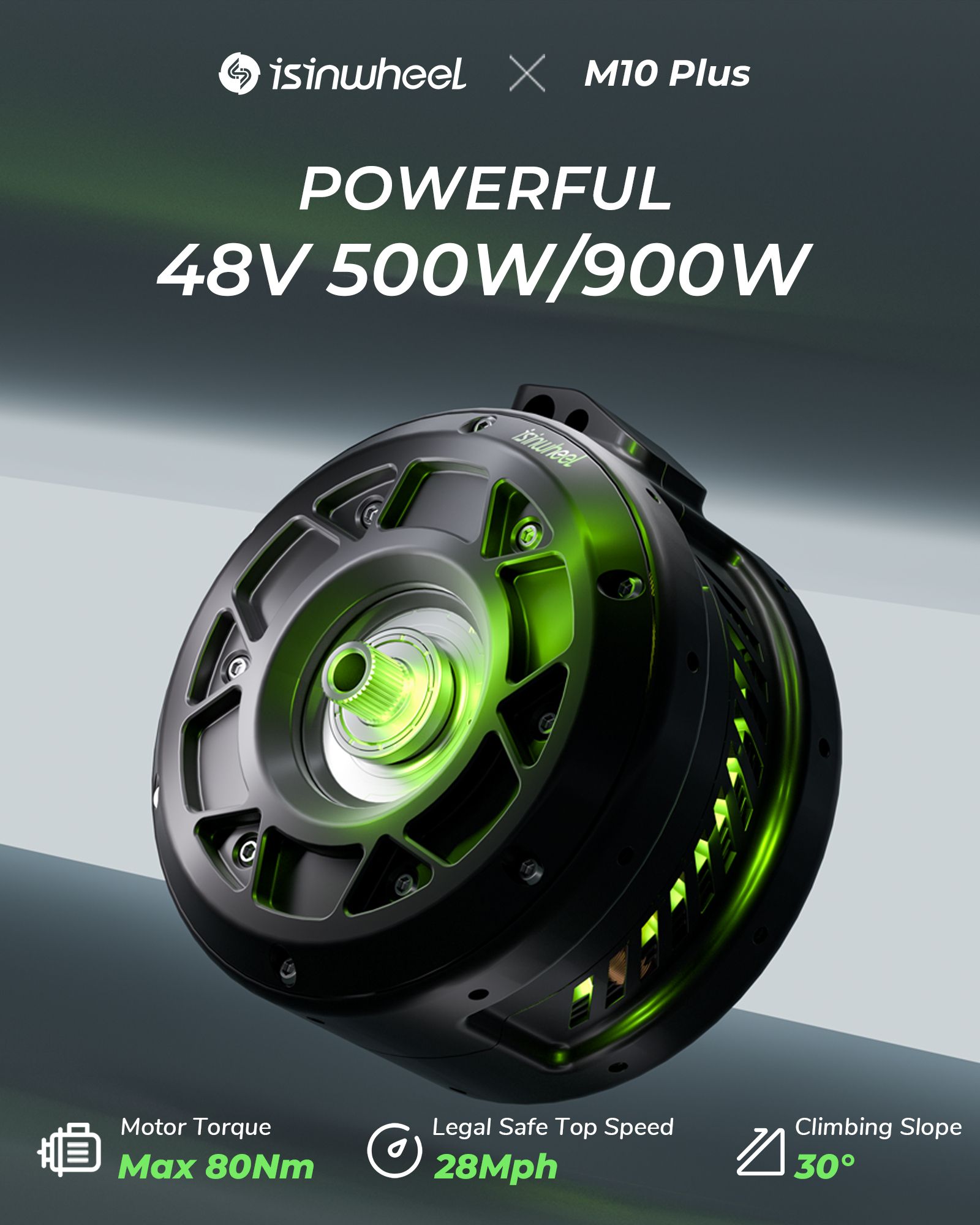 Primo piano del motore elettrico. Alloggiamento nero con accenti verdi. Testo: 'POWERFUL 48V 500W/900W'.