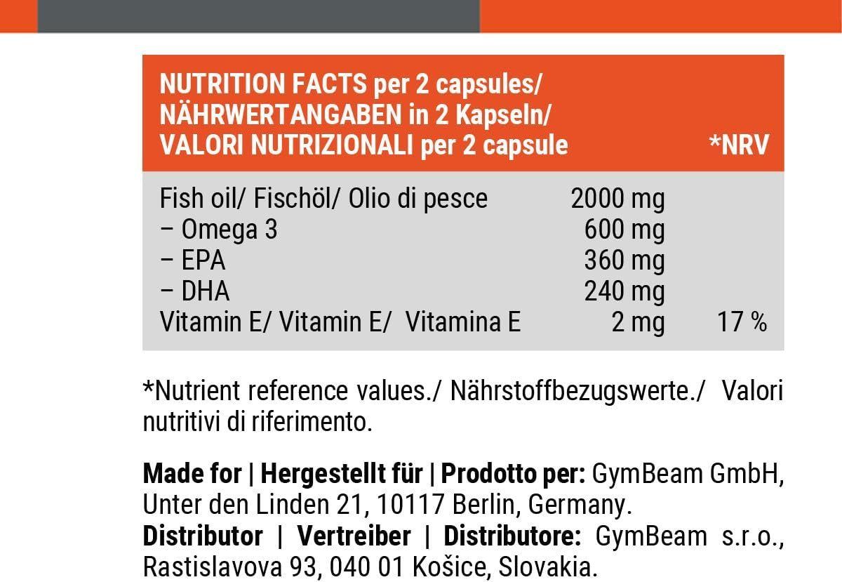 Tabella nutrizionale per capsule GymBeam Omega 3, mostra olio di pesce, Omega 3, EPA, DHA e Vitamina E.