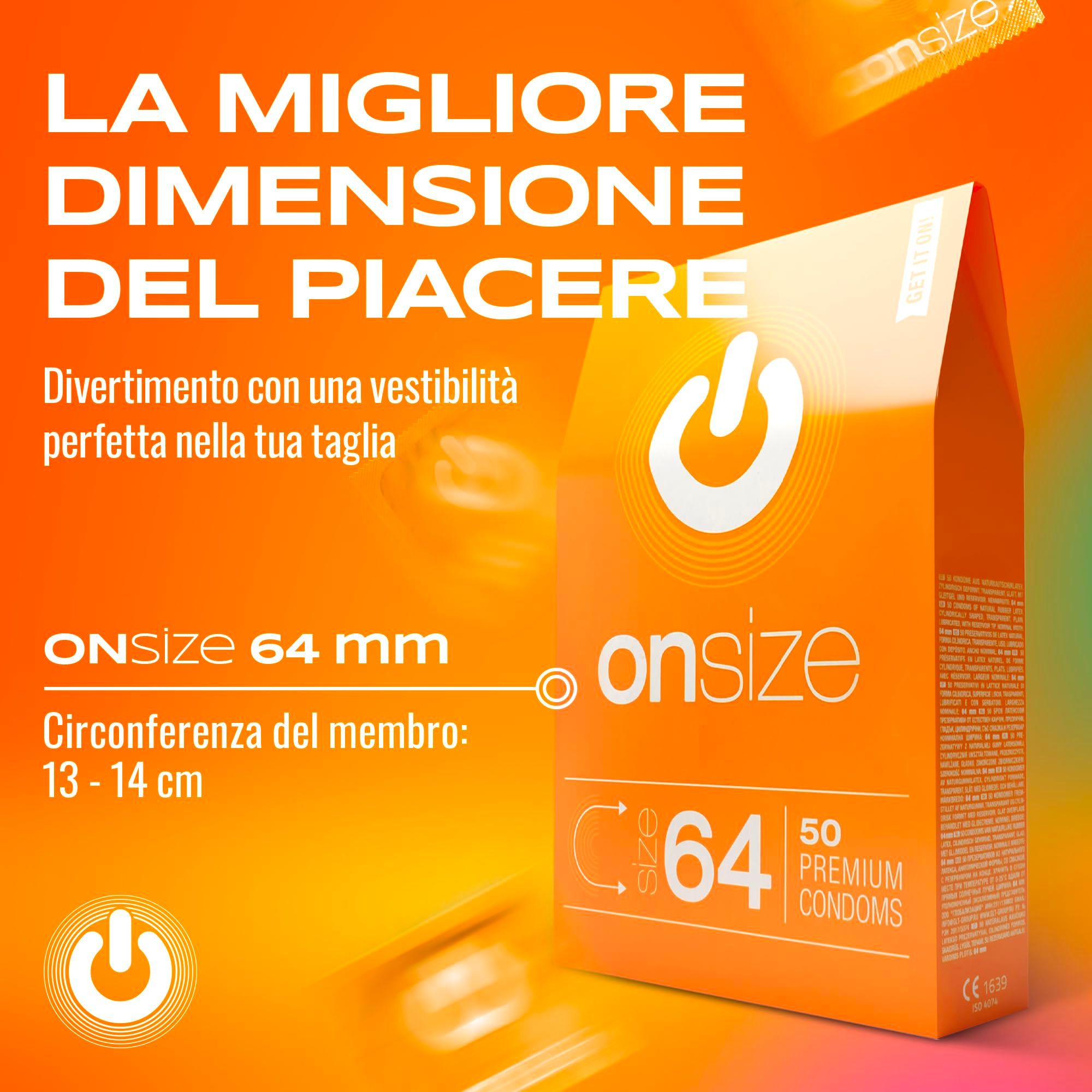 Preservativi ONsize 64mm. Testo: La migliore dimensione del piacere. Circonferenza 13-14 cm.