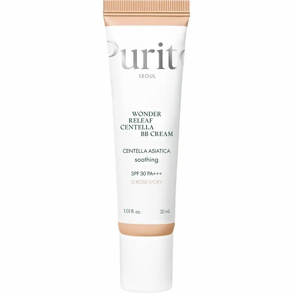 Tubo di BB Cream. Marchio Purito, testo: Wonder Releaf Centella BB Cream, SPF 30 PA+++, tonalità Rose Ivory.