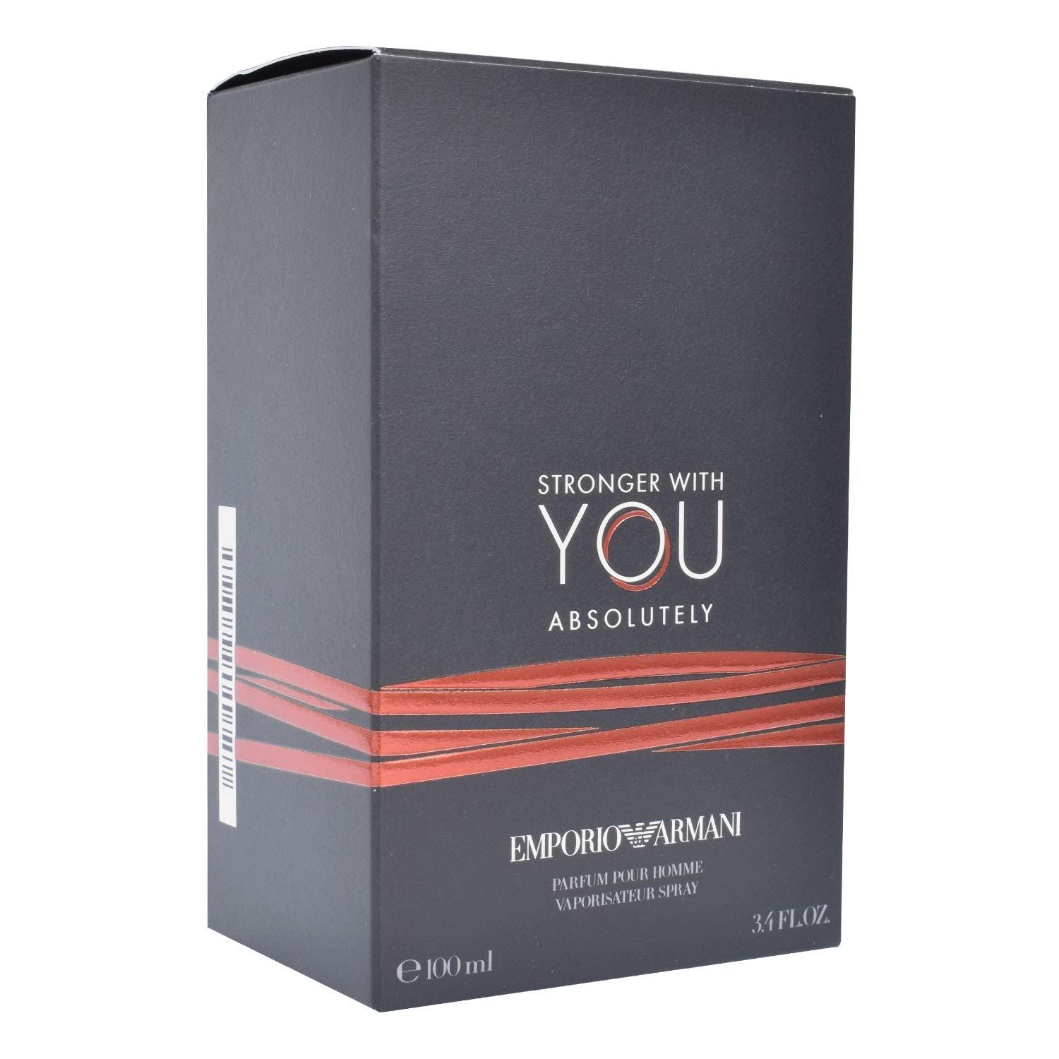Confezione nera con striscia rossa. Scritta: STRONGER WITH YOU ABSOLUTELY. Marchio: EMPORIO ARMANI. In basso: 3.4 FL.OZ.