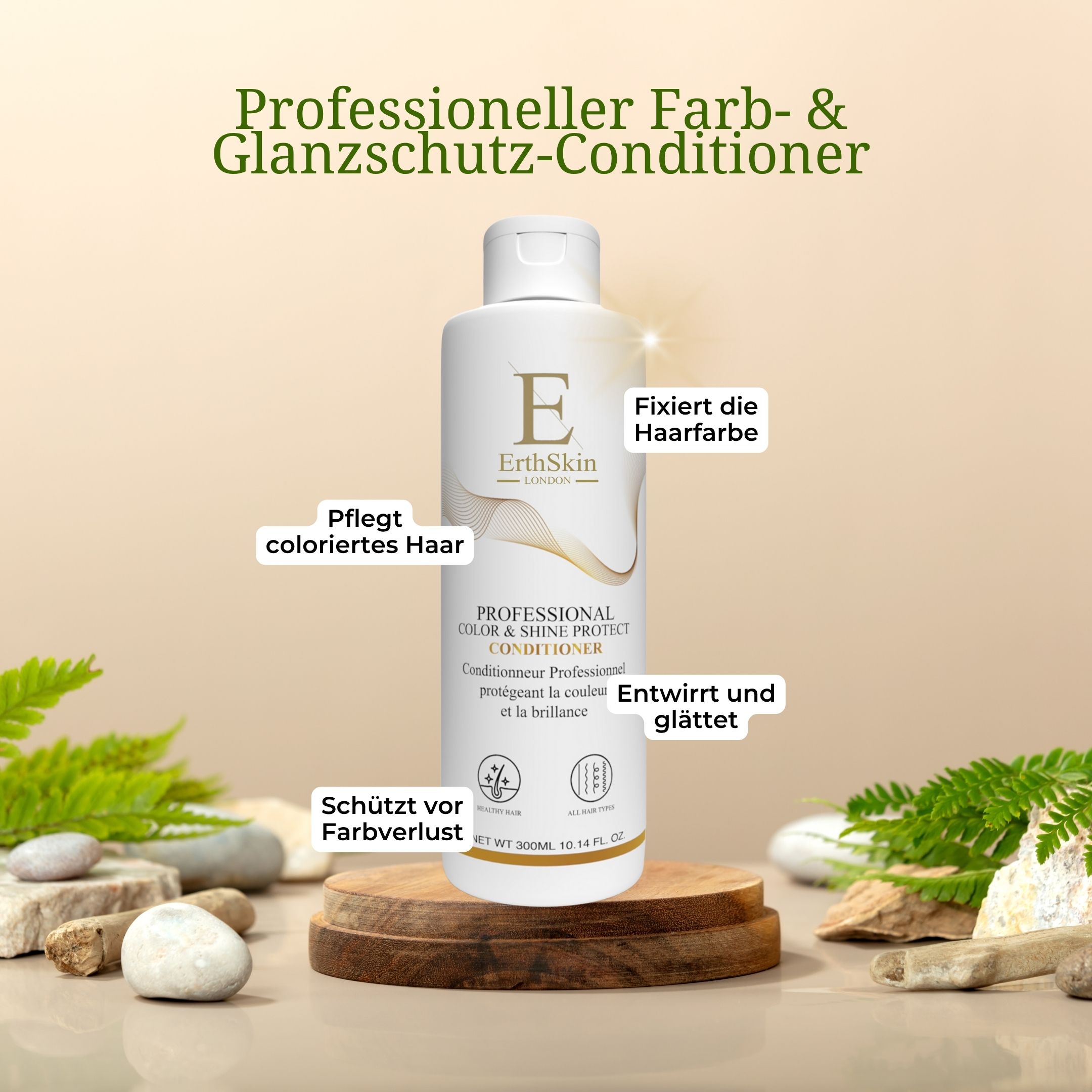 Flacone bianco di balsamo ErthSkin London con etichette e indicazioni per la cura dei capelli.