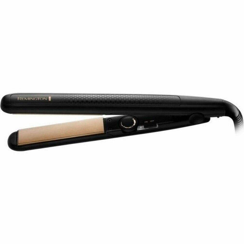 Piastra per capelli nera con piastre riscaldanti dorate. Marchio Remington. Il nome del marchio è visibile sull'impugnatura. Apparecchio con cavo.